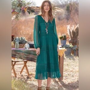 Sundance Women's Medium Adore Moi Pacific Green Tiered Midi Dress Lined Ruffle